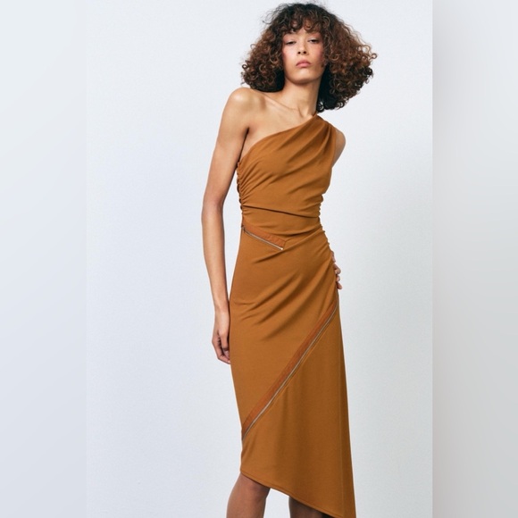 ZARA One Shoulder Asymmetric Zipper Dress Burnt Orange - Picture 4 of 15